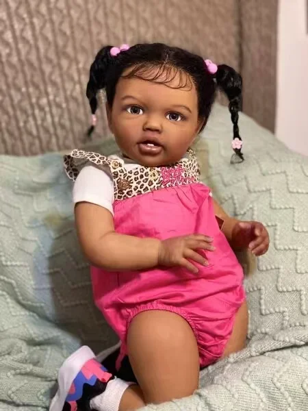 SINO-BB Customized Limited Supply 24''Reborn Baby Lottie With Hand-Rooted Hair Dark Skin Already Finished Doll Different Dress