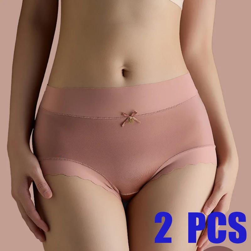 2 Pcs/set Satin Ice silk Underwear Women's Briefs Soft Sexy High quality Comfortable Abdomen Panties smooth Lingerie