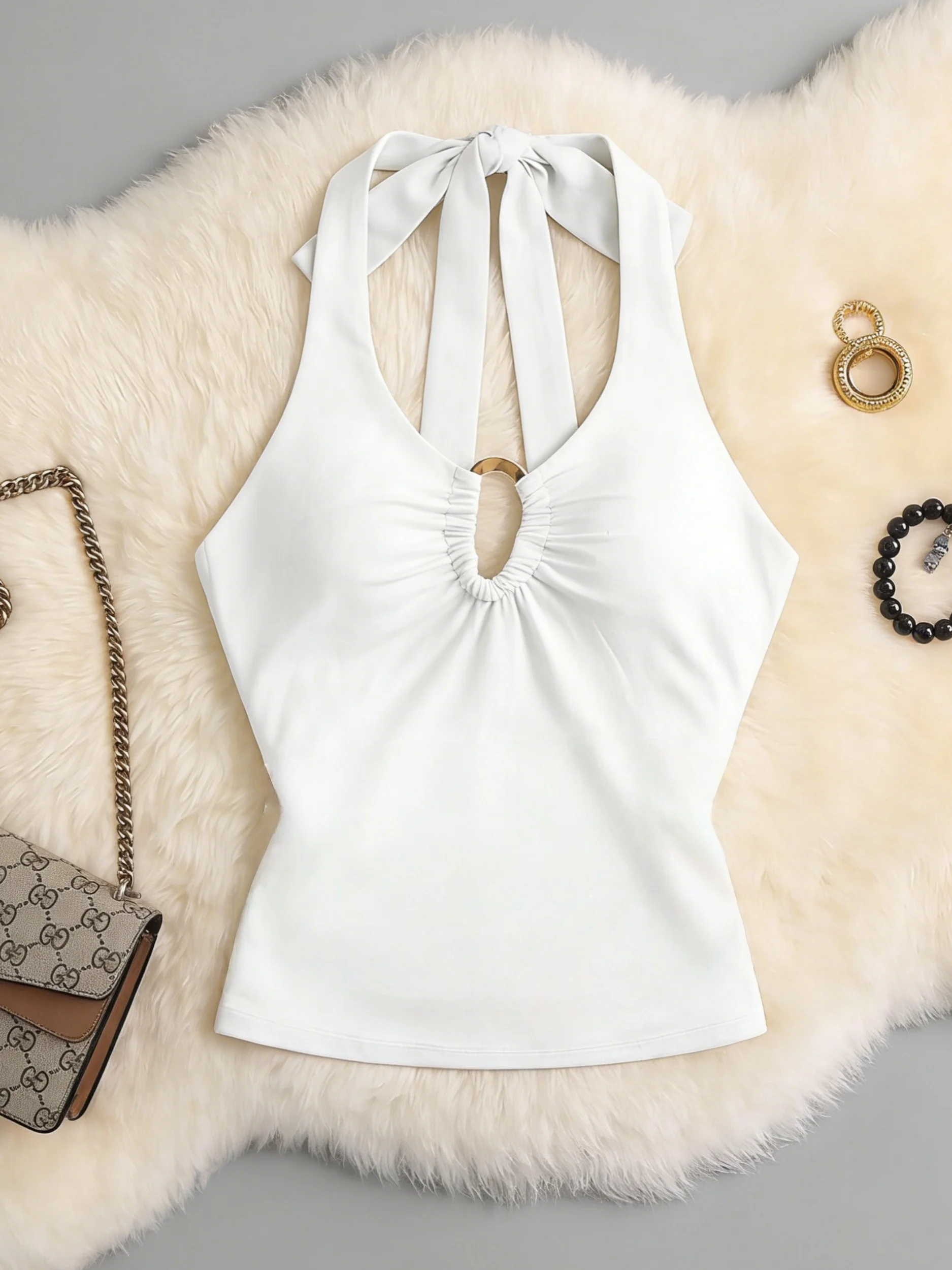 Women Halter Tie Back Metal O Ring Cutout Ruched Slim Crop Camisole 2026 Summer Y2K Going Out Streetwear Tank Tops