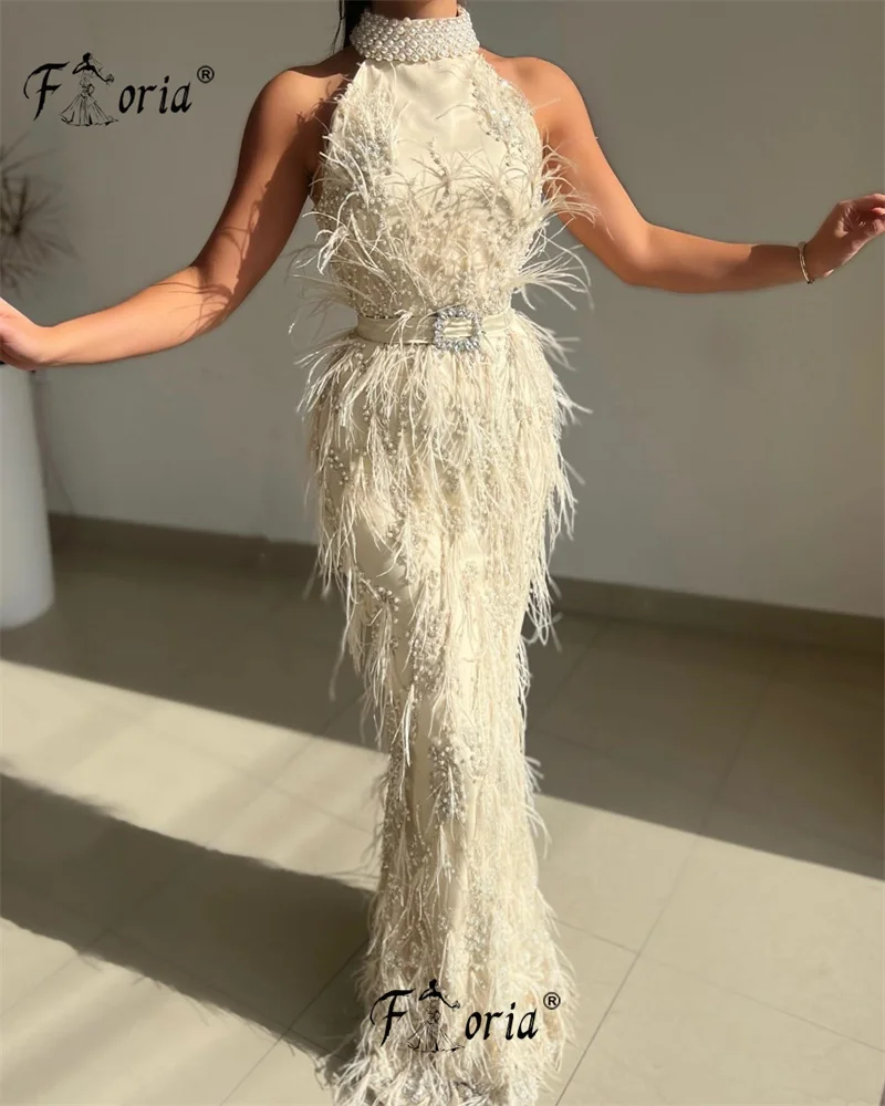 Gorgeous Pearl Feather Mermaid Evening Dresses Ivory High Neck Sleeveless Beaded Prom Dress Floor Length Belt Robe De Soiree