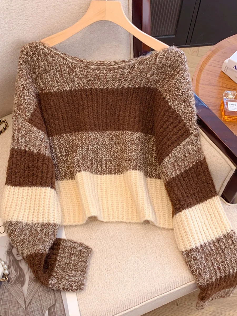 

Женский мягкий свитер свободного покроя, полосатый трикотаж, осень-зима, новый Sle Mural Sweet Sle Long Sve ort Length, теплый