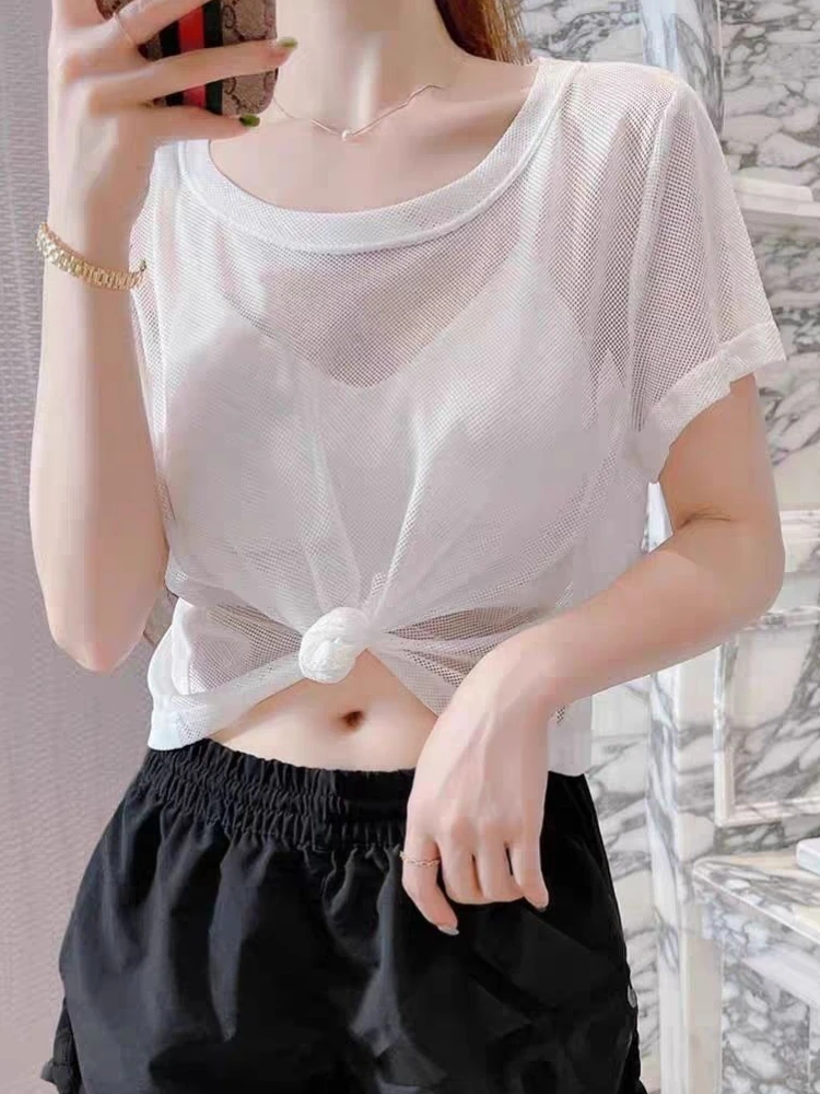 T-shirts Women Thin See Through Summer Korean Short Sleeve All-match Transparent Clothing Tees Fashion Street Beach Style Solid