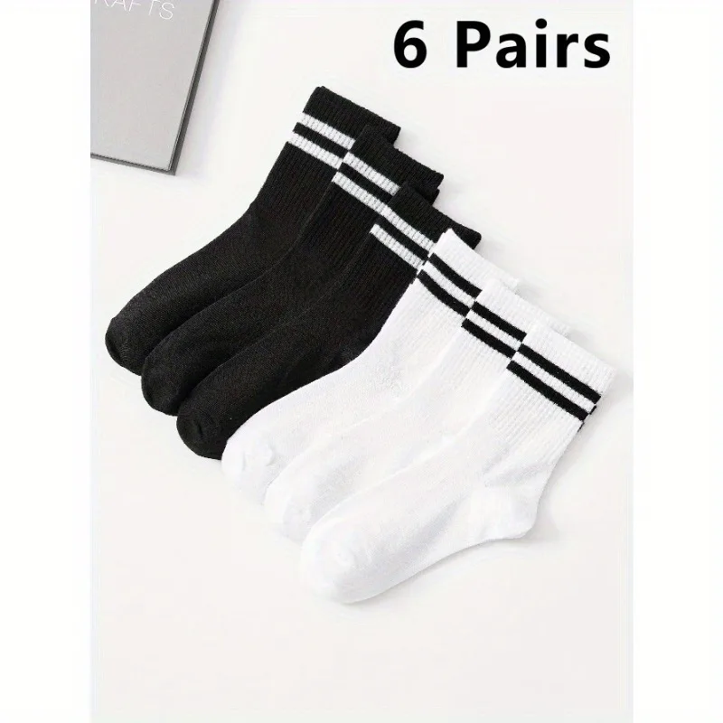 6 Pairs High Tube Mid Length Stockings Set For Men in Solid Black And White With Parallel Bars Popular and Sweat Absorption