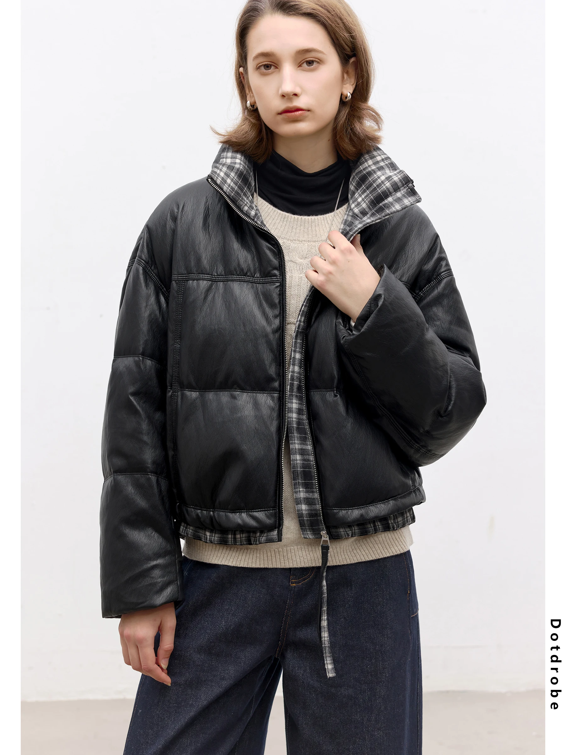 

DotDrobe Women's ort Puffer Jaet 90% White Du down PU Leather Yoke Design Warm Thiened Winter Coat Commute Sle