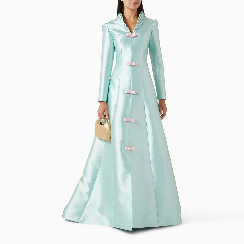 

Custom Prom Dress V Neck Evening Dress Long Sleeves Formal Wedding Party Dress Floor Length A Line Saudi Gown With Bow