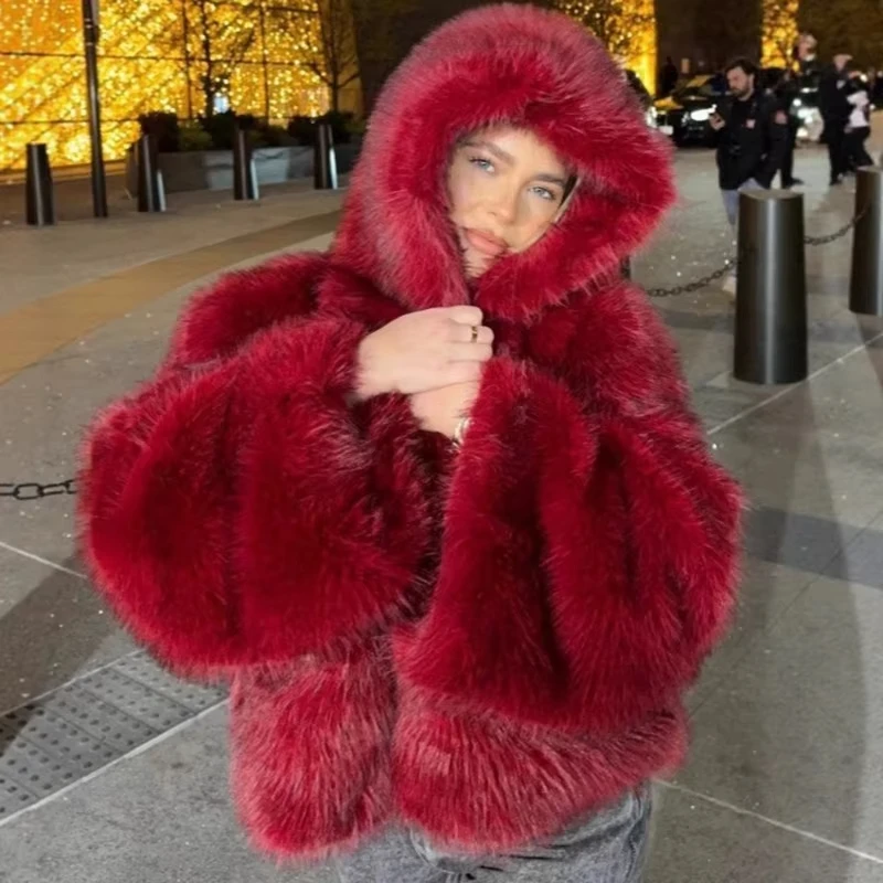 GG Hooded Coat Women Winter Jacket Red Fur Coats Long Sleeves Fluffy Jacket Fashions Artificial Fur Jackets Hot Luxury Clothing