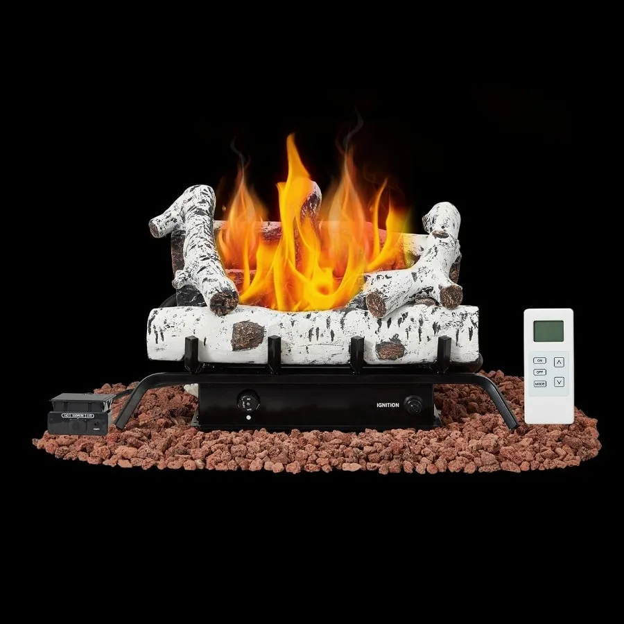 

20-дюймовый безвентиляторный камин с дистанционным управлением для LP/Propane 30000 BTU, березовое дерево, белый, декоративный для гостиной в помещении