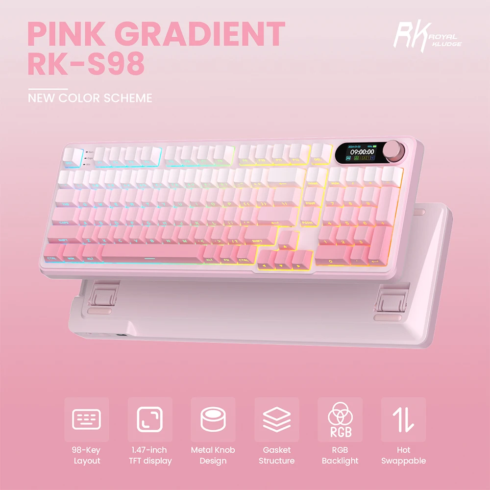 RKS98 English Wireless Mechanical Keyboard Top Mount TFT Screen 98 Keys RGB Tri-mode Gamer Keyboard Pink Gradient PBT Keycaps