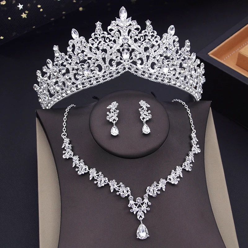 Bridal Headwear Set Crown Necklace Earrings Purple Tiaras Suitable for Women's Wedding Dress Birthday Bride Jewelry Set