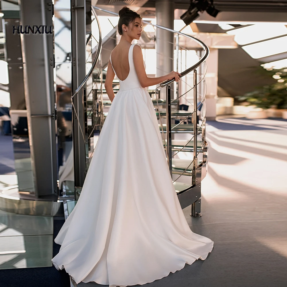 Vestido de novia blanco de satén con cuello cuadrado, correa de hombro sin mangas, cinturón de cuentas, vestidos de novia de alta gama para primavera y otoño