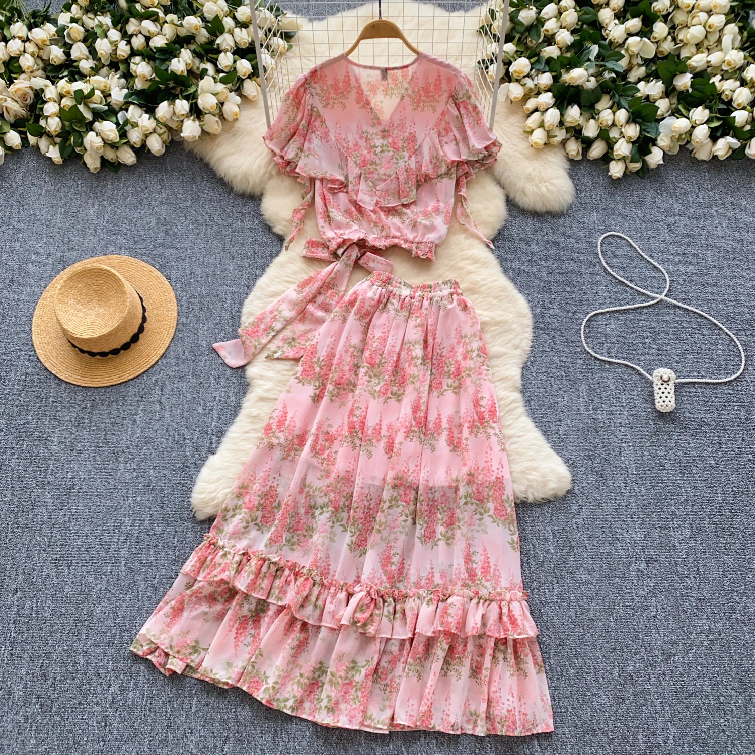 Chic Print Women Two-Piece Sets Vintage V-neck Slim Criss-Cross Bandage Top High Waist Skirt Korean High Street Summer Clothing