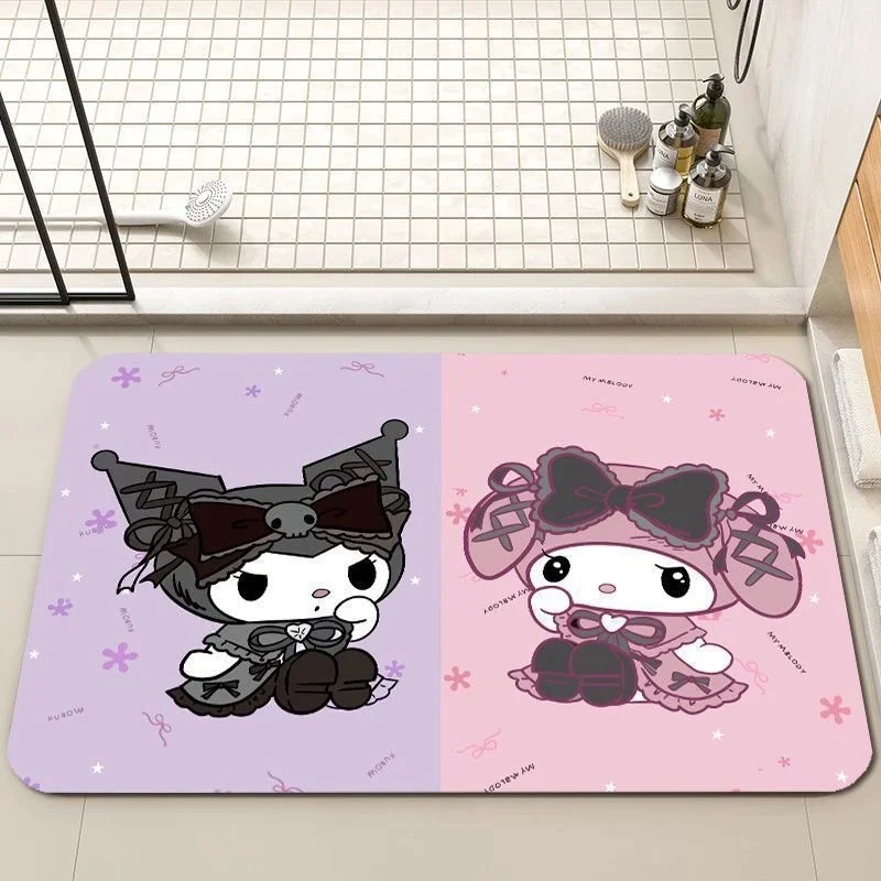 Kawaii Kuromi & My Melody Bathroom Mat, Diatomaceous Earth Quick Dry Rug, Non-slip Absorbent Floor Mat for Home