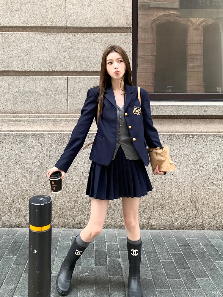 Minceur coréen collège Faion bleu costume Jaet et jupe plissée ensemble femmes automne nouveau Sle deux pièces costume