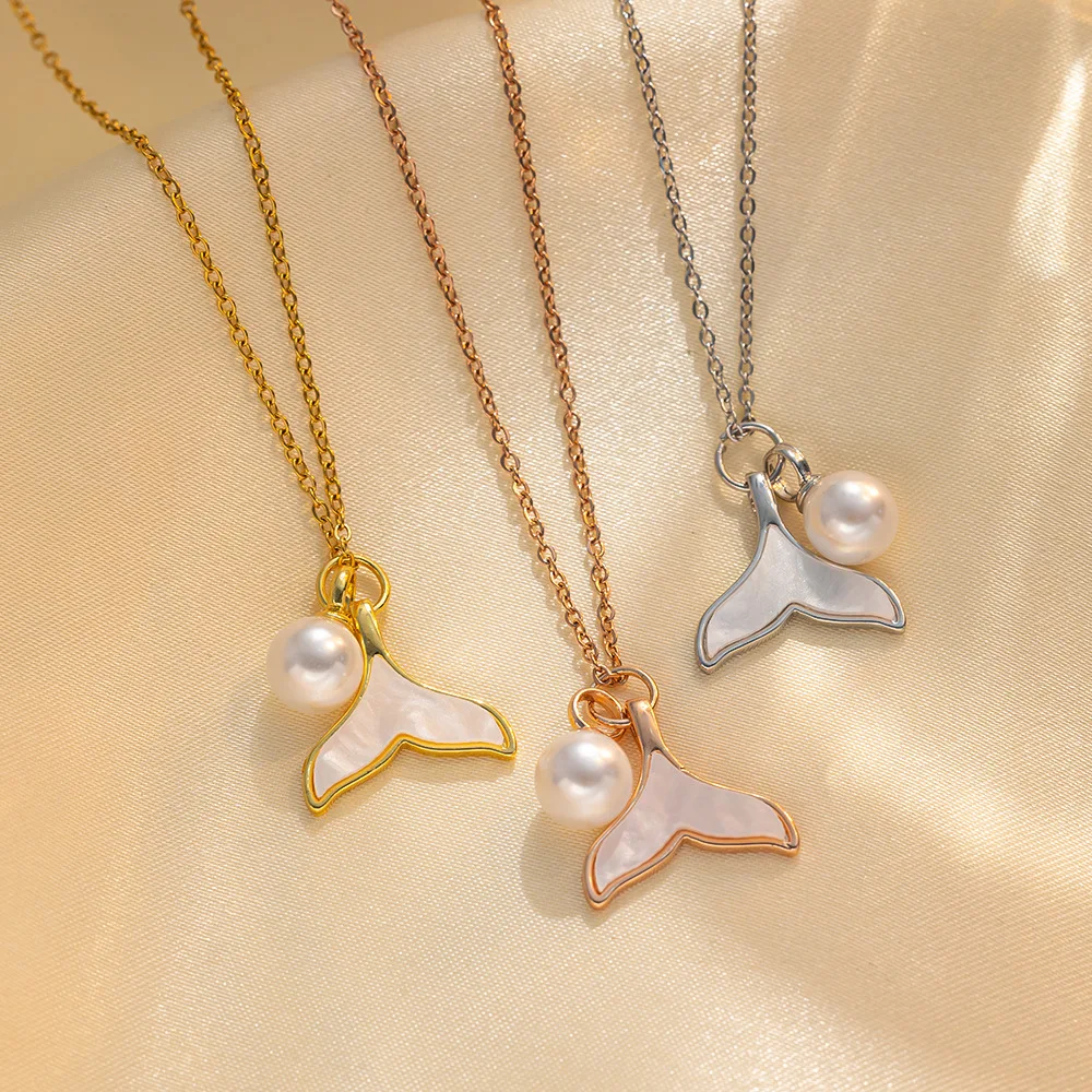 8pcs/set Fashion Simple Dolphin Fishtail Necklace Classic Retro Reverse Pearl Shell Mermaid Clavicle Chain Pendant Gift