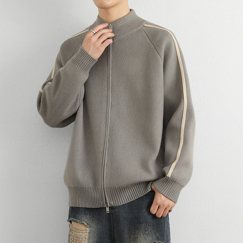 

Мужской повседневный вязаный кардиган на молнии с полосатым узором, весенне-осенний, комфортный, средней плотности, из полиэстера и нейлона