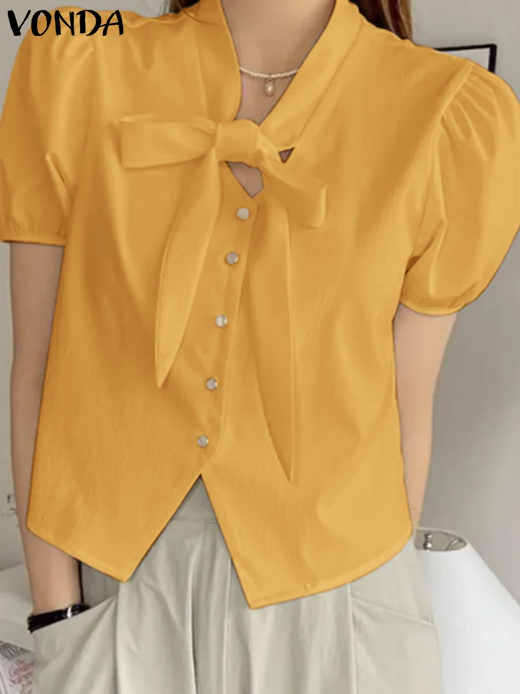 

VONDA Women Blouse Loose Bow Tie Tunic Shirts 2024 Elegant Solid Color Summer Tops Short Sleeve Casual Buttons Fashion Blusas
