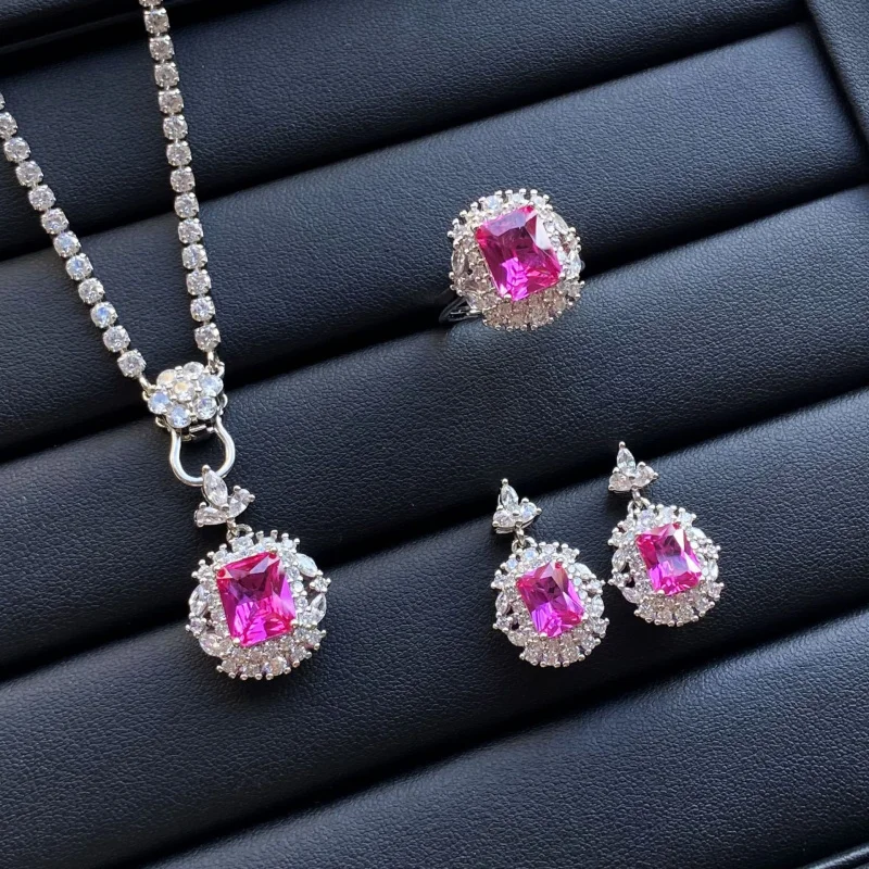 

High-end Rectangular Red Corundum Fashion Three-piece Full Diamond Open Ring Women's Elegant Pendant Earrings Set