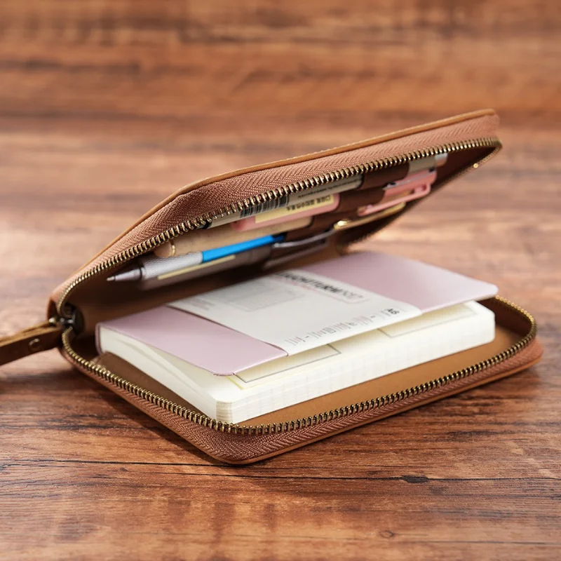 New A6 Zipper Pouch Notebook Cover, Grain Top Grain Leather Planner Sleeve, Journal Book Protector With Refillable Inserts