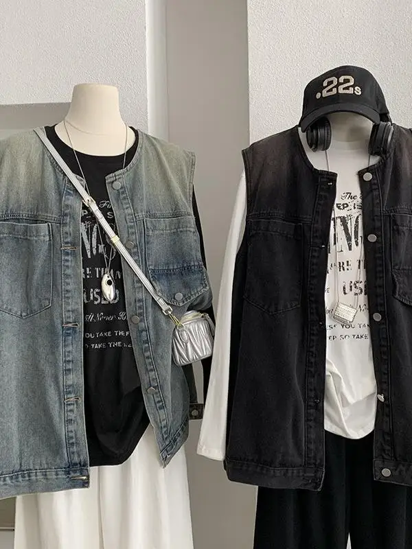 

Джинсовый жилет в стиле ретро, женский повседневный круглый Ne Svel Jaet, верхняя одежда, модный хлопок 00% без фирменного имени, новинка 2025, осень Sle