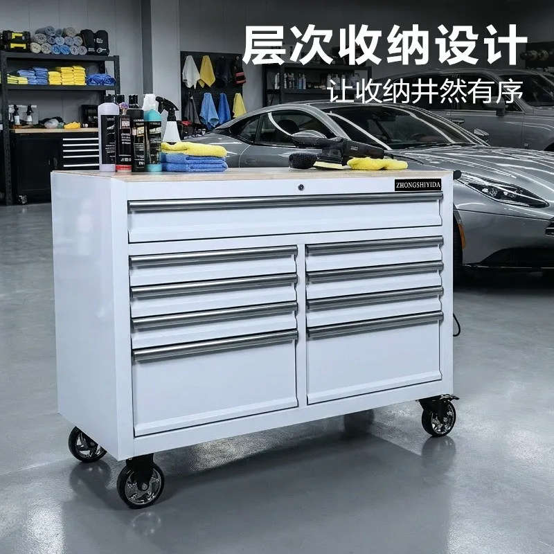 Nine pumps with power socket tool cart wooden countertop with push hand, mobile auto repair workshop tool cabinet storage cart