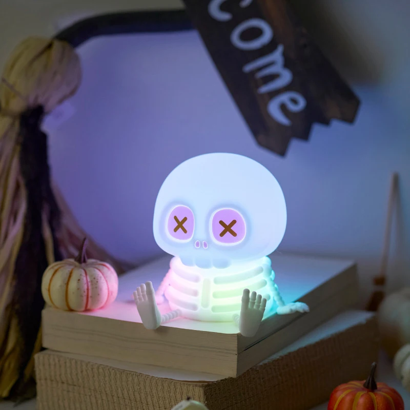 Halloween Skull Silicone Night Light, Tap Activated Color Changing LED Lamp, Rechargeable Cute Skeleton Light for Halloween Part