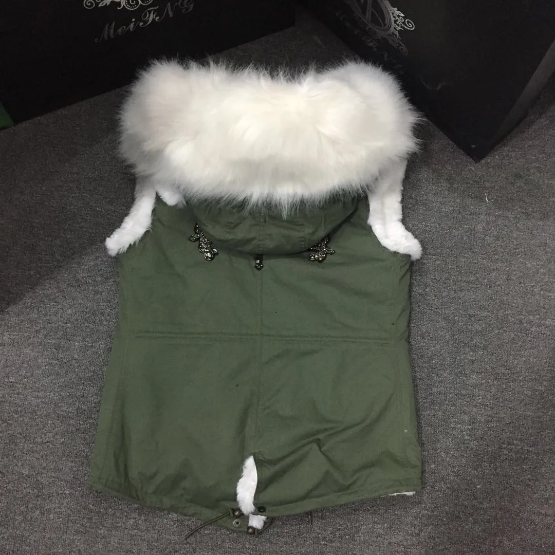 New Trend Army Green Warm Waistcoat All Pure White Faux Fur Lined Vest For Women Shiny Beads Ladies Coat