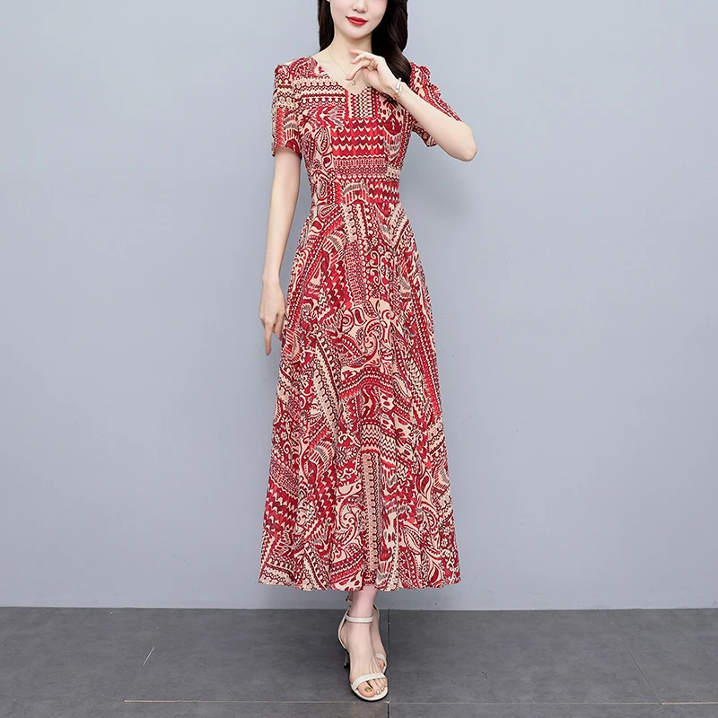 2025 Vintage Stampa Rosso Boho Midi Vestito Estivo Elegante Donna Aderente Party Night Abito Lungo di Lusso Coreano Casual Abito Floreale in Chiffon