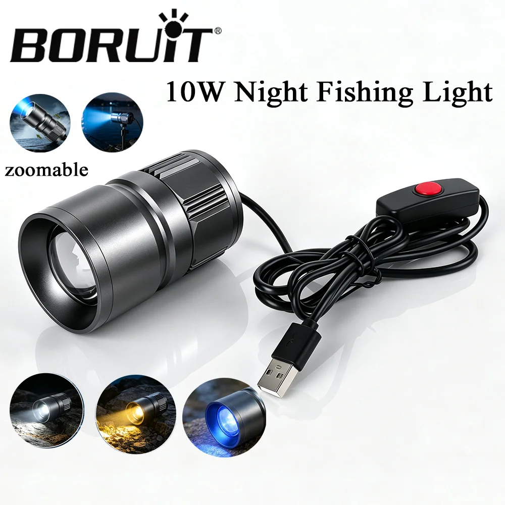 BORUiT 10W Bright Beam Zoomable Night Fishing Light 3 Color LED Fishing Lamp Waterproof USB Powered Outdoor Angling Light