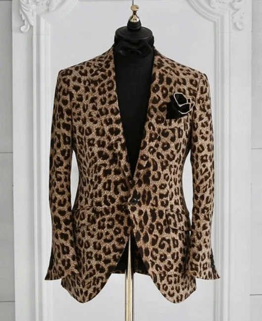 Fashion Business Leopard Pattern Notch Lapel Pockets One Button Blazer Men Blazer Slim Fit Casual Daily High Quality Suit Jacket