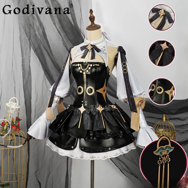 

Game Cos Clothing for Women Two Dimensional Headwear Cosplay Full Set Dress Suits Female Black Earrings Necklace Dress