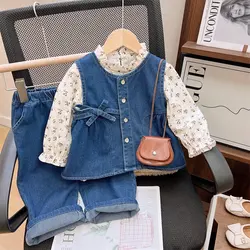 Spring Girls' Clothing Sets Autumn Children's Clothing Girls' Long Sleeve Floral Shirt+Cowboy Tank Top+Pants Trendy Kids Clothes