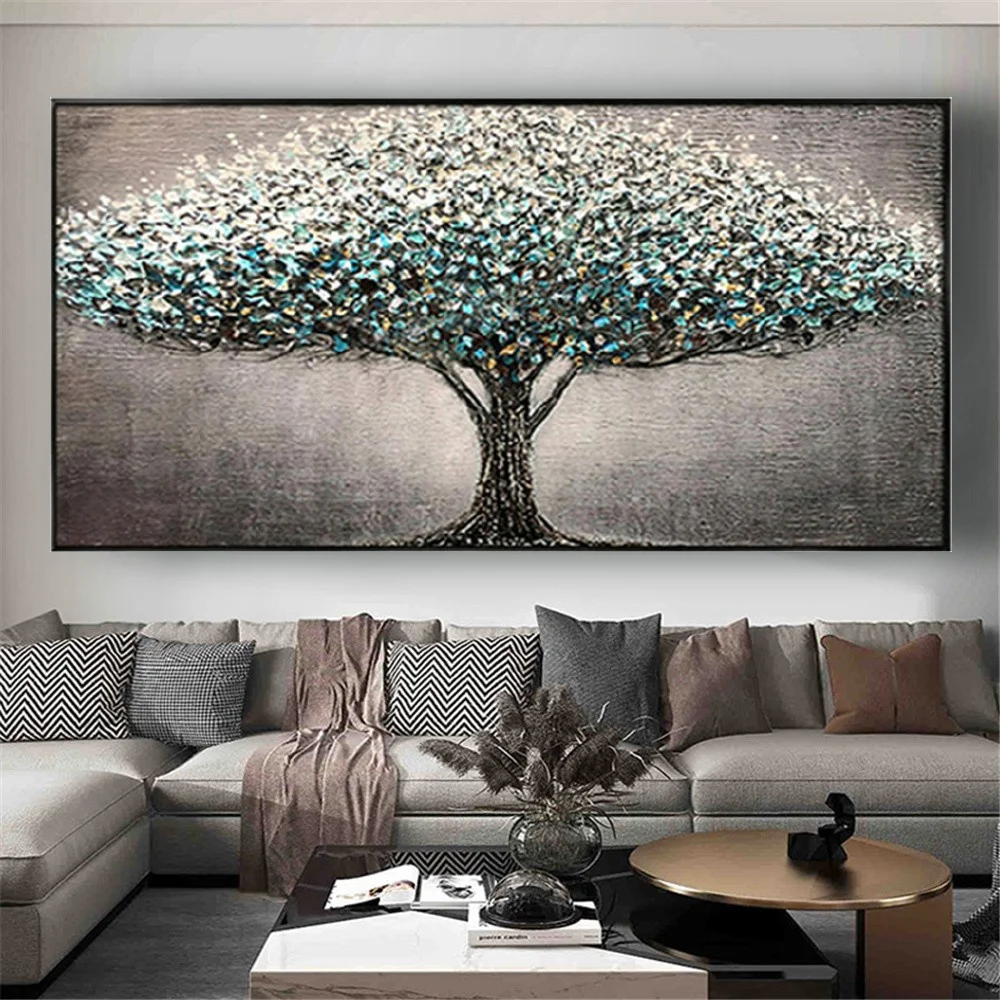 Huge Green Blue Big Tree Image 100% Hand-Painted Modern Palette Knife Oil Painting On Canvas Poster Wall Art Decor Picture Gift