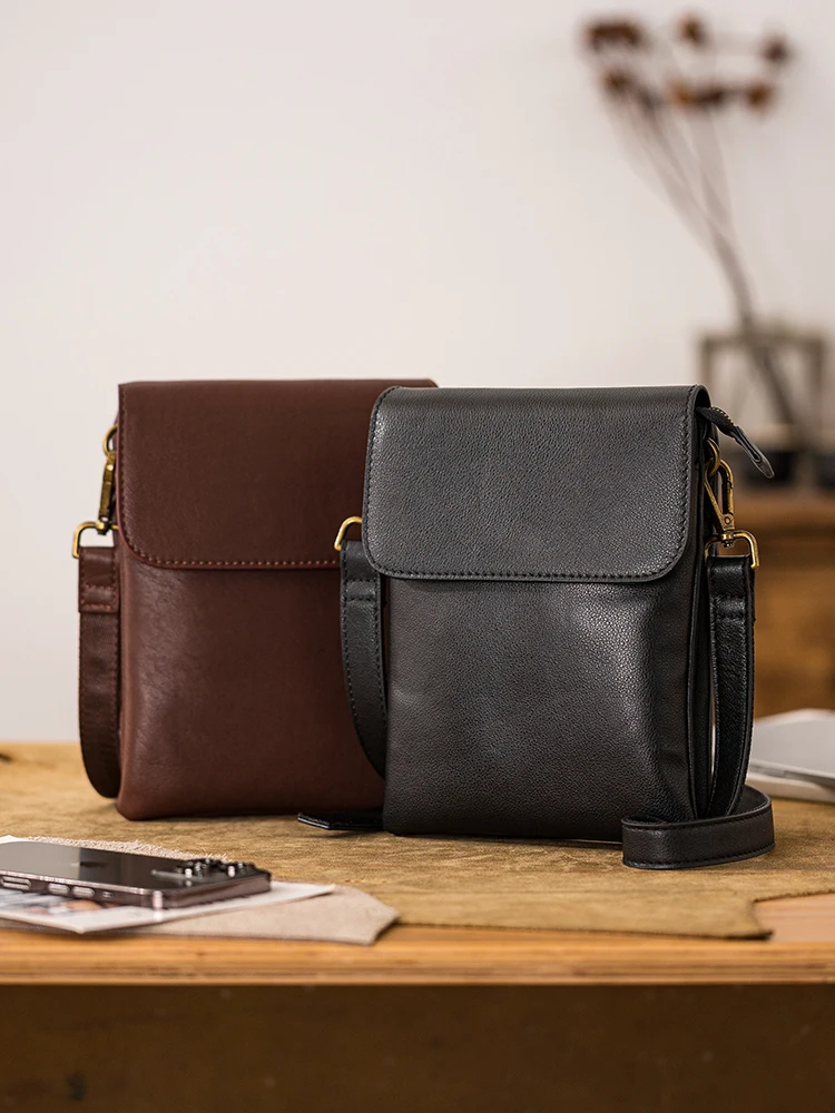 outdoor daily party genuine leather men's small phone bag simple casual luxury First layer cowhide black shoulder crossbody bag