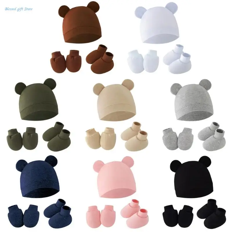 3pcs/set Cotton Newborn with Anti Scratch Mittens and Foot Cover Infant Warm Headwear Baby Gloves with Socks