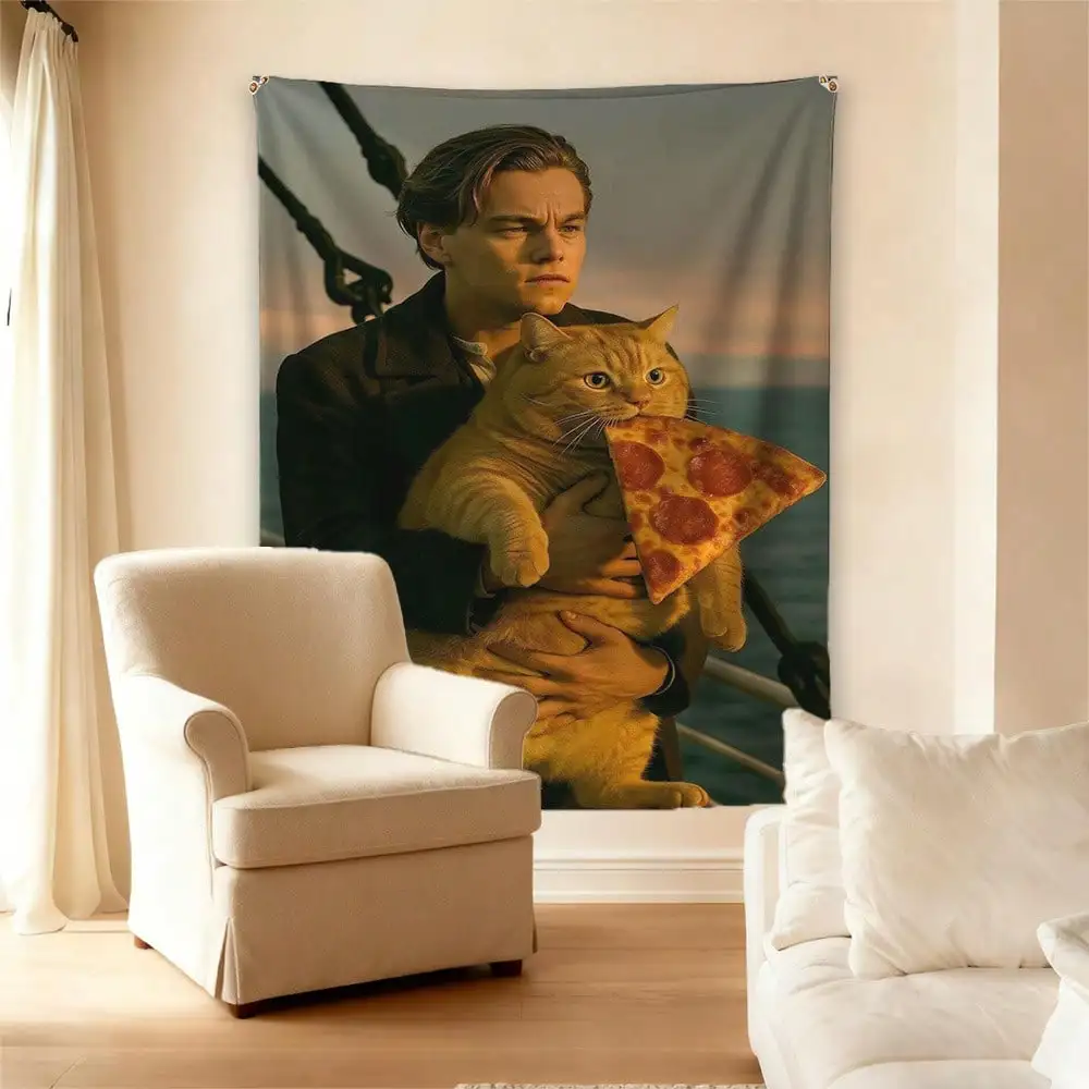 Funny Cat Meme Wall Tapestry - Pizza Holding Pet, Parody Movie Scene Art, Aesthetic Room Decor, Multiple Sizes