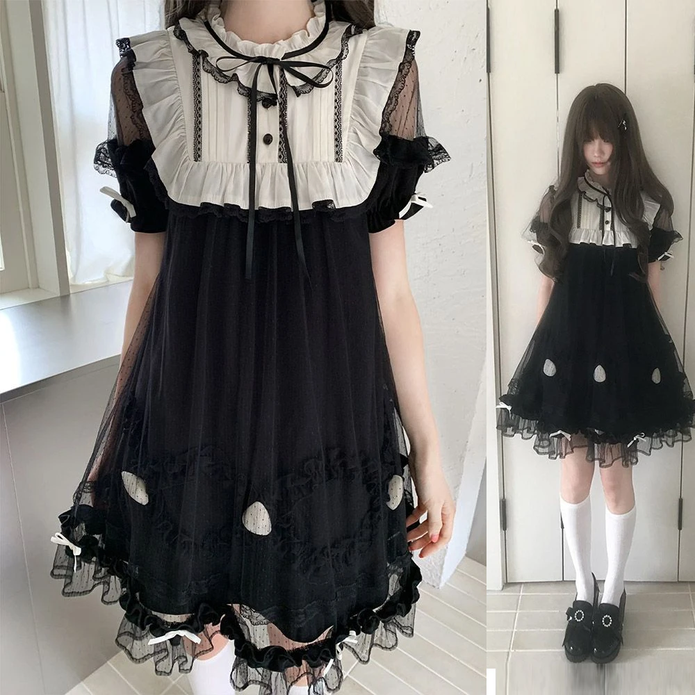 Japanisches Süßes Gothic Lolita Minikleid mit Rüschen, Transparentem Netzstoff, Puffärmeln, Schleife, Mehrlagigem Spitzensaum, Kawaii Streetwear Kleid für Damen