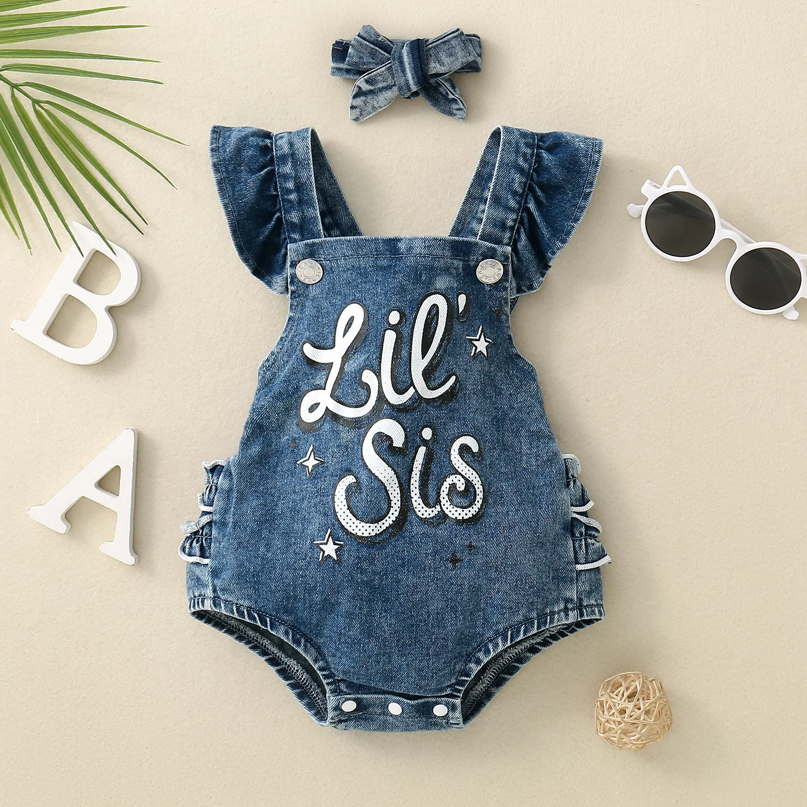 Trendy Cotton Denim Shirred Trim Sleeveless Baby Girls Jumpsuit, Infant Newborn Summer Clothing