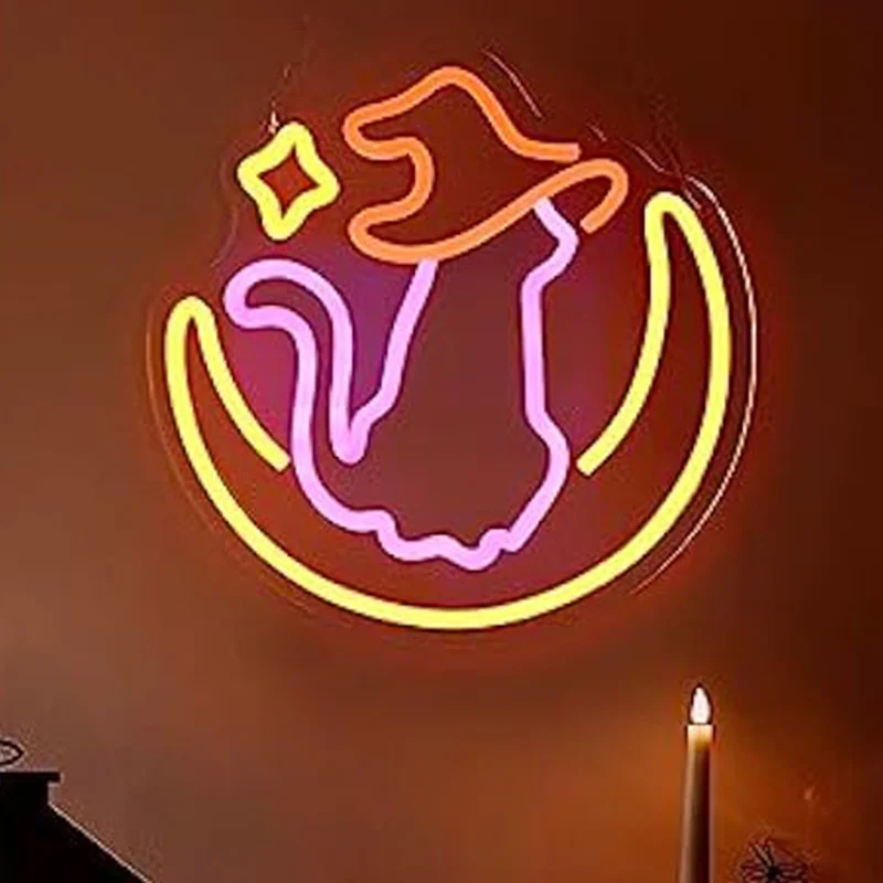 

Halloween Sailor Moon Neon Sign Luna Cat on Moon Wall Decor For Bedroom Living Office Room Decor Holiday Party Gift