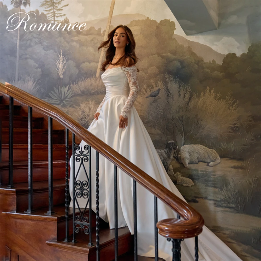 Elegant Lace A-Line Wedding Dresses Long Sleeves Strapless Pleat Open Back Satin Off The Shoulder Vestidos De Novia Customized