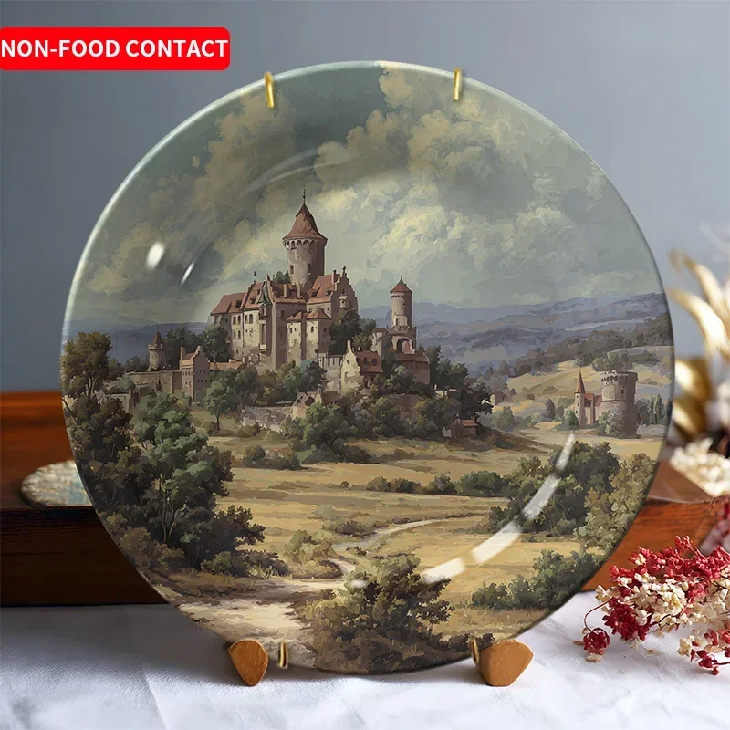 1pcEuropean Castle Landscape Ceramic Decorative Plate Hand-Painted Vintage River Trees Design Home Wall Art Display Non-Food