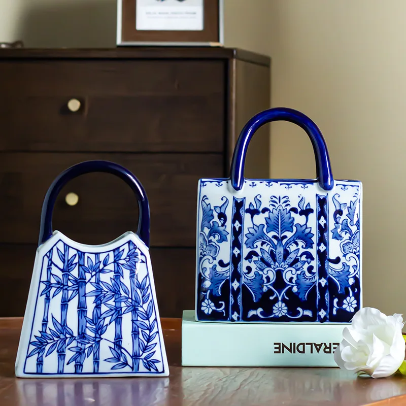 Elegant Design Vases Ceramics Dried Flowers Vase Blue Chinese Handbag Decoration Flower Bottle Minimalist Hydroponics Vase