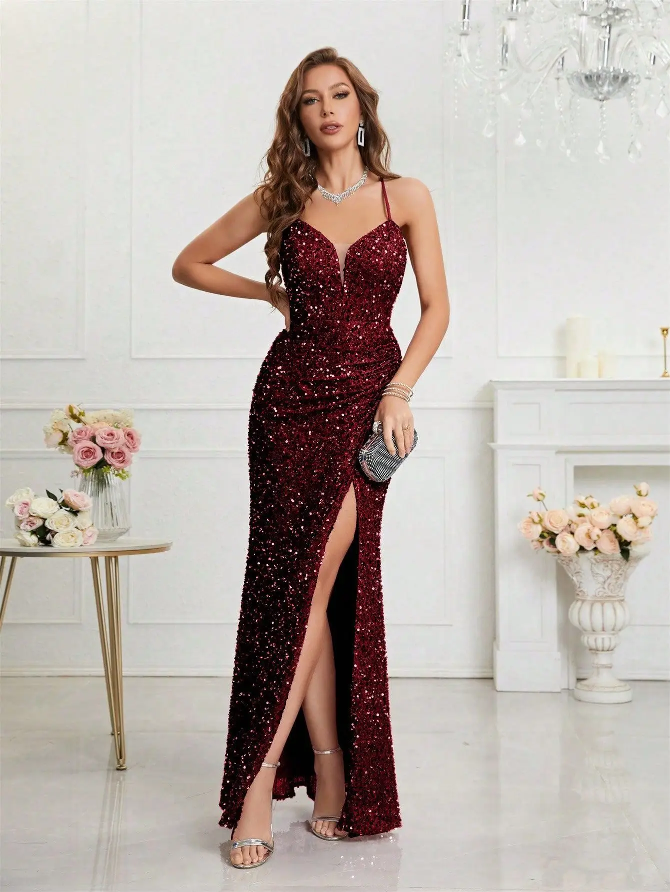 ICCLEK Dress For Wedding Guest Women Split Thigh Elegant Sequined Birthday Dress Burgundy For Women Wedding Party