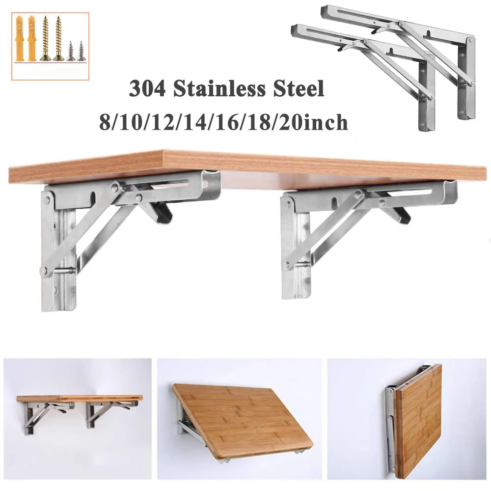 8''-20'' Folding Shelf Brackets Heavy Duty 304 Stainless Steel DIY Wall Mounted Shelf Bracket Space Saving for Table Work Bench