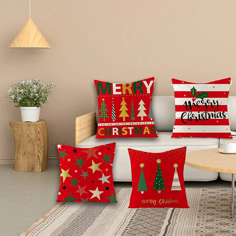 Housses de coussin de Noël en lin pour canapé, taies d'oreiller design, 18x18 pouces, ensemble de 4