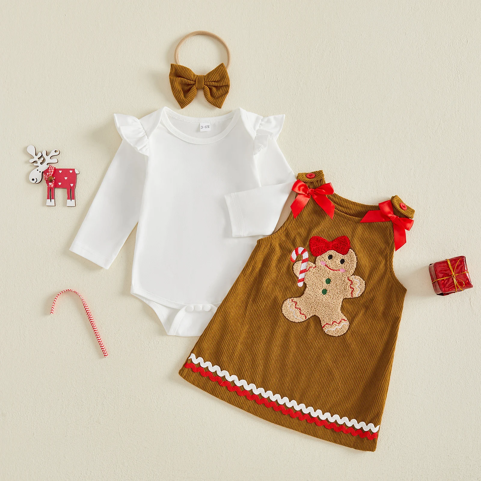 Baby Girls Christmas Outfit Romper and Gingerbread Corduroy Overall Dress Headband Xmas Costume