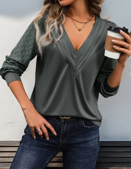 Elegant Women's Blouse Temperament Commuting Lace Patchwork Long Sleeved V-Neck Pleated Solid Color Casual Loose Fit T-Shirt Top