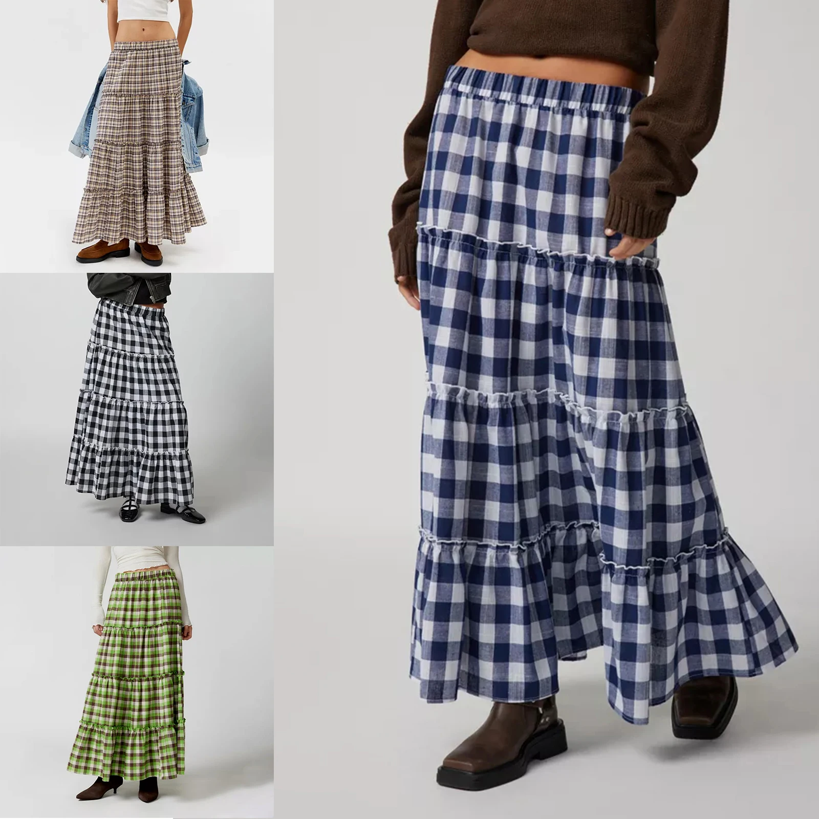 Women's Casual Plaid Skirt Vintage Loose Fitting Elastic Waist Ruffled Tiered Long Skirt for Spring Summer