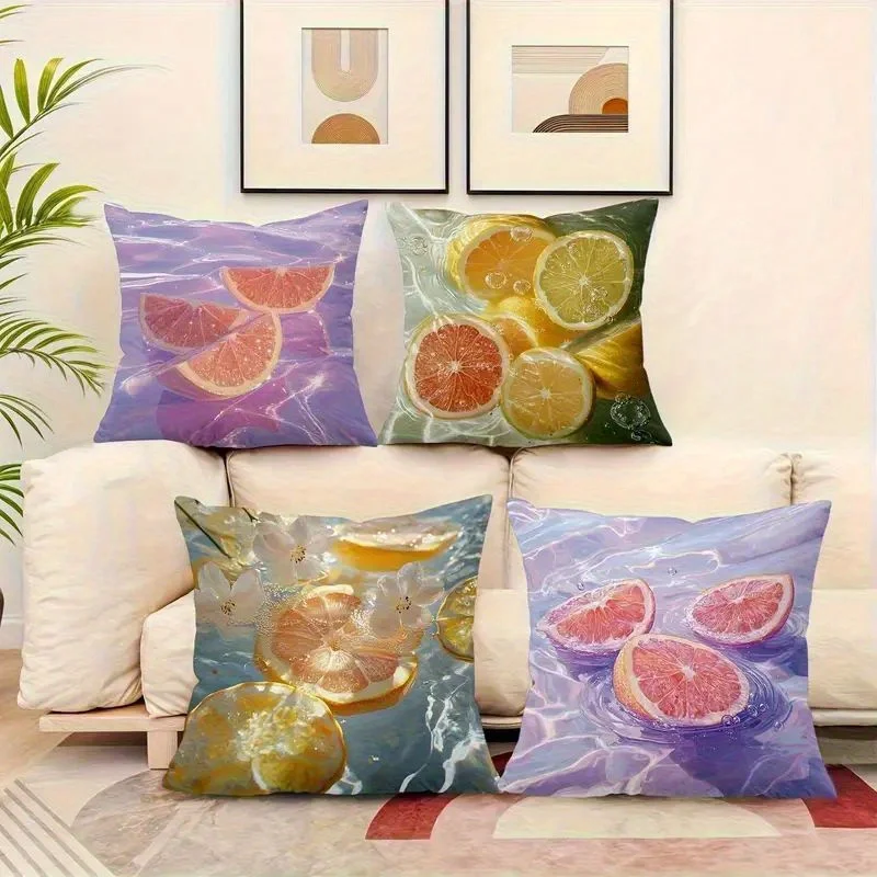 Kissenbezug mit frischen Fruchtmustern, Digitaldruck, kurzer Plüsch, geeignet für Wohnzimmer, Schlafzimmer, Sofas, Dekokissenbezug, 4 Stück