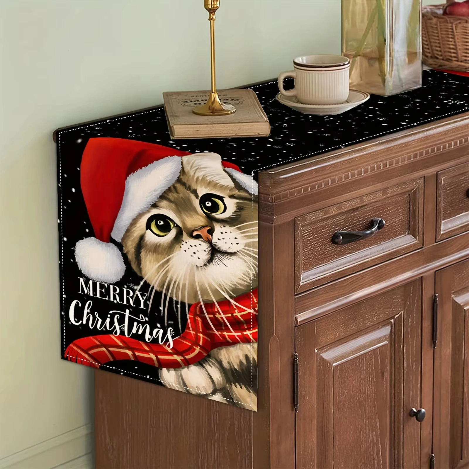 

Classic black cute cat Christmas pattern holiday gift linen table runner180x33cm desktop decoration party outfit