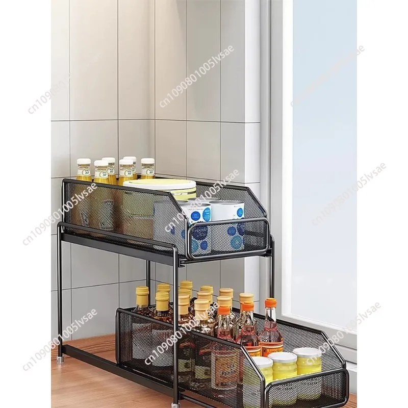 Under Sink Storage Basket with 2 Layer Sliding Cabinet Organizer for Spice Space-Saving Kitchen Drawer Shelf Durable Wire Basket